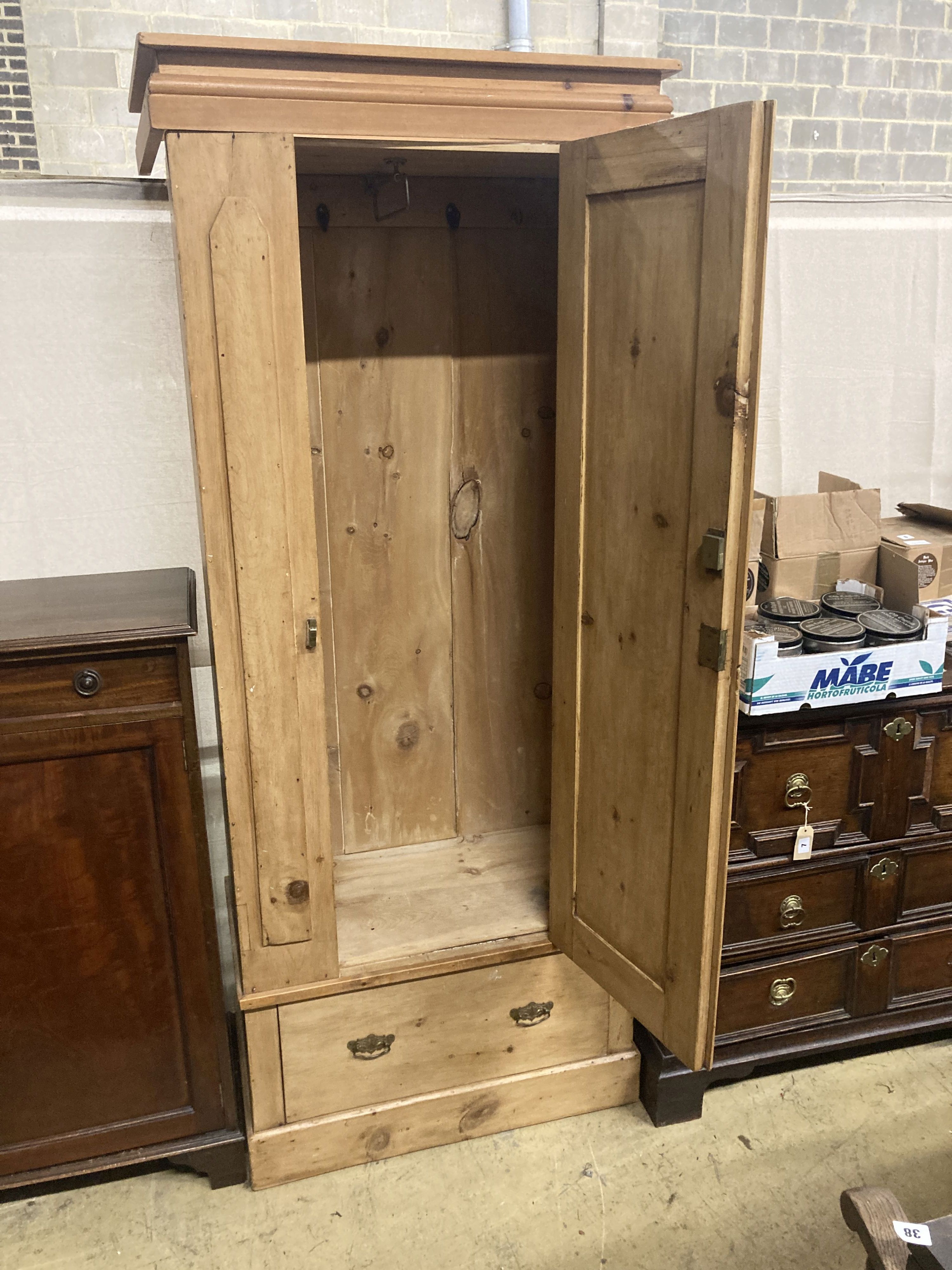 A Victorian pine single door wardrobe, width 79cm, depth 42cm, height 193cm